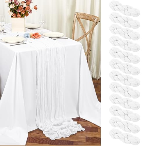 Teruntrue 12 Stück Tischläufer Weiß 55x300 cm Boho Gaze Käsetuch Tischläufer für Hochzeit, Party, Babyfeier, Brautshower, Geburtstag-Dekorationen