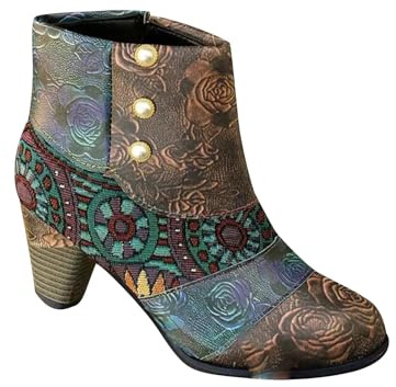 Ankle Boots Women Ethnic Style Comfortable Chunky Block Heel Shoes Retro Classic Side Zipper Stylish Waterproof Casual Short Boots Outdoor Walking