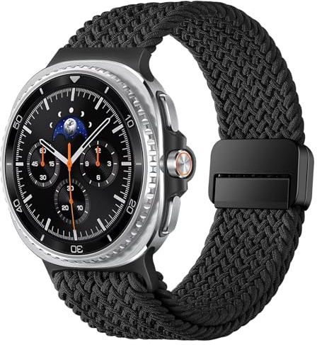 HITZEE Nylonflätade remmar kompatibla med Galaxy Watch 8 40 mm 44 mm/Watch 8 klassiskt armband 46 mm med metallkontakter, nylonelastiskt sportband med magnetiskt lås för män/kvinnor, svart