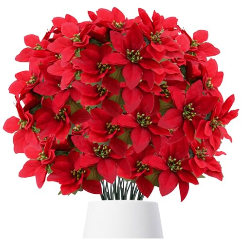 pangutheos 6 Pièces Poinsettia Artificiel, 33 cm Fleur de Noel Poinsettia Rouge, Soie Fleurs Artificielles Noel pour Noël, Maison et Décorations de Fête