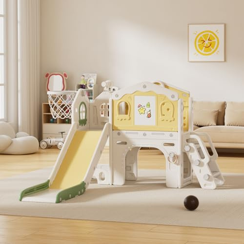 Tobogán para Niños Pequeños con Escalera: Zona de Juegos Interior y Exterior con Caja de Almacenamiento Túnel Escalera Aro de Baloncesto y Zona de Paso Tobogán de Jardín (SDW-L-Green Yellow)