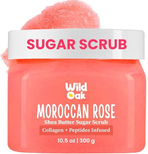OAK Moroccan Rose Shea Butter Sugar Scrub | 300Gm | With Collagen & Peptides | Tan Removal | Lightens Dark Area - Neck & Elbows | Smoothen Bumpy Legs & Hands | Hydrating & Exfoliating Body Scrub