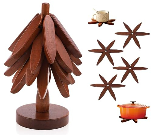 Set di 4 Strati Sottopentola in Legno Noce Nero a Forma di Albero con Supporto per Abete | Antiscottatura e Resistente al Calore per Pentole, Padelle e Piatti Caldi | Decorazione e Protezione