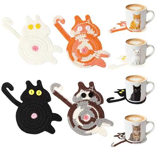 LLMSIX 4 sottobicchieri a forma di gatto, all'uncinetto, simpatici sottobicchieri per caffè e caffè, per amanti dei gatti, decorazione per la casa, accessori per la protezione della tavola, regali