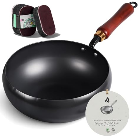 Wok japonés de hierro fundido – Olla de cocina saludable sin recubrimiento con tapa | Modelo 2026 mejorado | Sartén antiadherente saludable, forjada a mano y fabricada en Japón (Smooth Surface,7.9'')