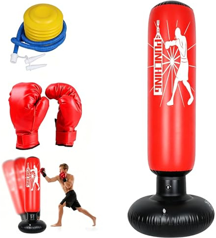 160cm Standboxsack Aufblasbarer mit Boxhandschuhe Luftpumpe, Boxsack Karate Boxen für Kinder 3-12 Jahren, Geschenke für Jungen Mädchen Üben von Karate Taekwondo MMA (Rot)