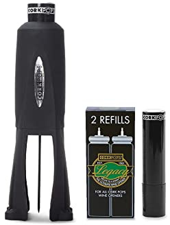 Cork Pops Legacy Wine Opener Built-in 4-Blade Foil Cutter Safe Cork Removal, Effortless Push Button Use, Needle Guard for Safety, Low-Pressure Cartridge Opens Up To 60 (Black, With 3 Cartridges)