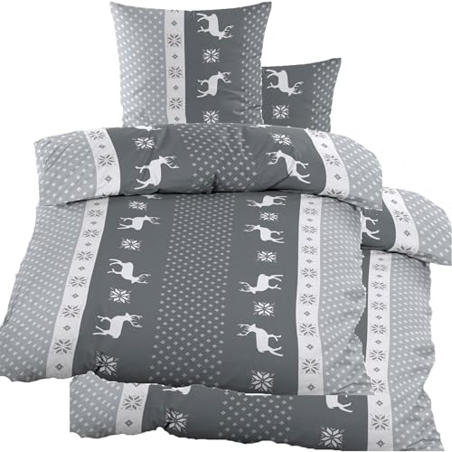 KH-Haushaltshandel 4-TLG. Biber Winter Bettwäsche 2X (135 x 200 + 80x80 cm), 100% Baumwolle, grau Streifen, Hirsch/Rentier (40142)
