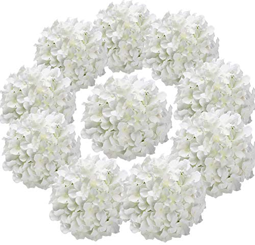 Flojery Silk Hydrangea Heads Artificial Flowers Heads with Stems for Home Wedding Decor,Pack of 10 (White)