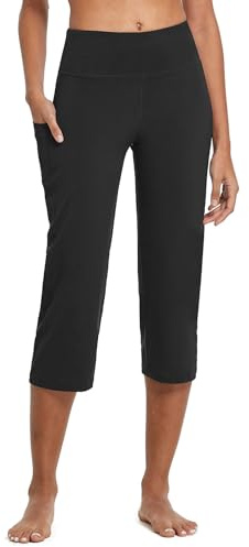 baleaf Yoga Pants for Women Capris High Waist Leggings with Pockets Wide Leg Exercise Workout Crop Straight Open Bottom Black L