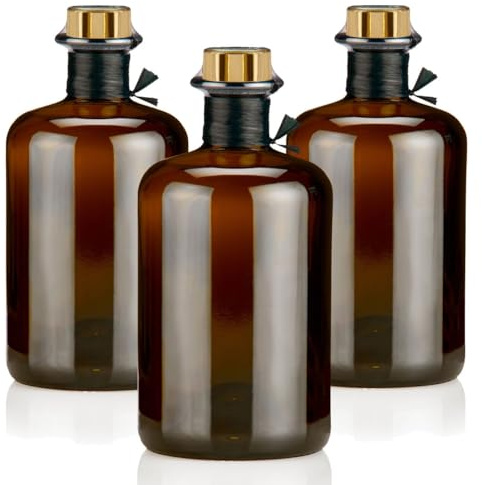 Geniess-Bar! 3 Apothekerflaschen braun 500ml leer schwarz antik Profiset Korken gold, Flaschenkapseln & Geschenkband, Braunglas Flaschen 0,5L für Öl, Gin, Kräuter Schnaps uvm.