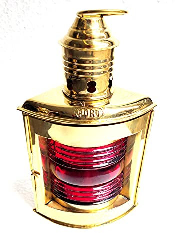 Lanterna a olio per barca o nave nautica in ottone per Starboard, vetro dorato e rosso, altezza: 30,5 cm, larghezza: 15,2 cm, profondità: 12,1 cm circa.