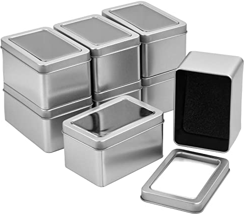 Catime 8 Stk Kleine Aufbewahrungsbox Mit Deckel, tin Metalldosen container Rechteckig, Mini Behälter mit klarem Fensterdeckel, Silber Organizer ohne Scharniere für Bonbons Geschenke, 107x72x60 mm
