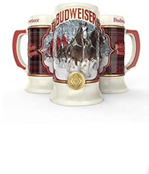 2021 Budweiser Plaid Holiday Christmas Stein,Red,white,black,gold,7inHx3.5inW