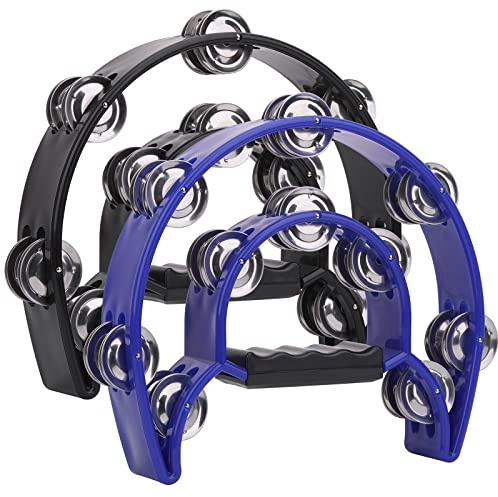 2 Stück 25.4 cm zweireihiges Tamburin für Erwachsene, Halbmondmusikisches Tamburin 20 Metallschellen Hand-Percussion-Trommel, Party, schwarz und blau