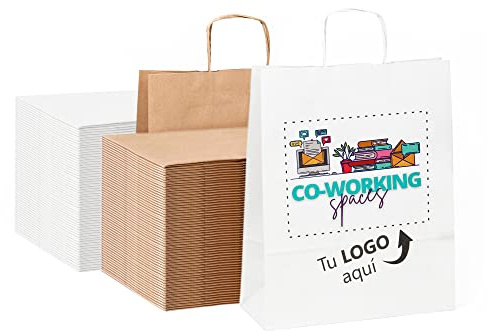 100 weiße Papiertüten mit farbigem Logo | Ihr Bild in einer Tasche | verschiedene Größen zur Anpassung an Ihre Geschenke | billige Taschen für Geschenke oder Geschäfte | groß (32 x 40 x 12 cm), weiß