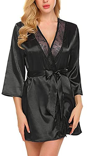 TOEECY Kimono Pyjamas Sexig Dam V-hals Kort Robe Badrock Mjuk Satin Nattlinne Party Nattkläder för Bride Sovkläder med String och Satinbälte, Svart, L