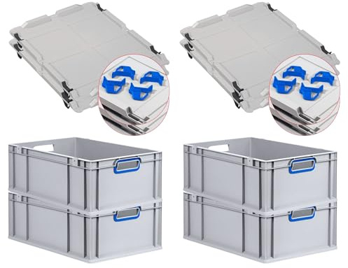 PROREGAL SuperSparSet 4x Eurobox NextGen Color mit Auflagedeckel & Schiebeschnappverschlüsse, HxBxT 22x40x60cm, 44L, Griffe blau offen, Verstärkter Boden, Eurobehälter Transportbox Transportbehälter