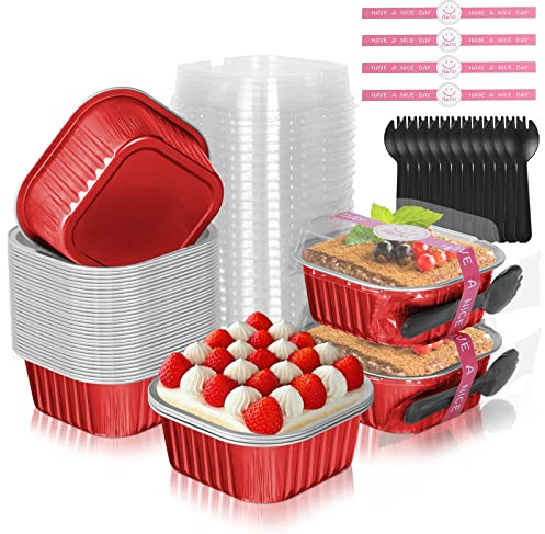 HEYYUMI 10oz Aluminum Foil Brownie Pans with Lids, 40 Pack Square Cake Pans, Disposable Ramekins Cupcake Cups Containers,Mini Cake Baking Pans,Large Muffin Tin Holder for Catering Gathering - Red