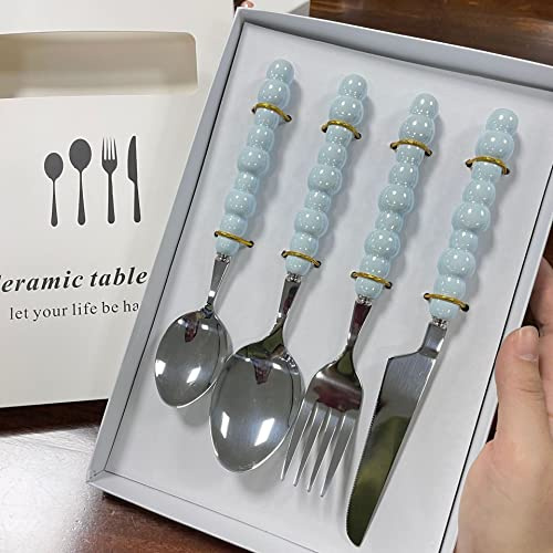 Di fascia alta di lusso in acciaio inossidabile con manico in ceramica e perla coltello da bistecca forchetta cucchiaio da dessert set da tavola set di posate (4 pezzi blu con confezione regalo)