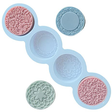 Yusheng jabón Redondos Silicona - jabón Redondos Formas Silicona - Silicona para jabón 4 cavidades, moldes rectangulares ovalados y con Estampado Flores