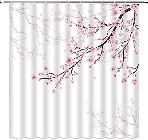INAAYO 3D Duschvorhang 180x200 Kirschblüten Duschvorhänge Antischimmel Wasserdicht Badevorhang Kirschblüten Duschrollo für Badewanne Dusche Shower Curtains, 12 Duschvorhang Ringe