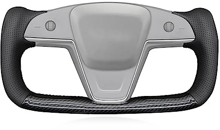 MEWANT Handgenähte glänzende Kohlefaser + echtes perforiertes Leder Auto-Lenkradbezug für Tesla Yoke Model S Plaid 2021–2023 / Modell X 2021–2023 Lenkradzubehör für Tesla Yoke