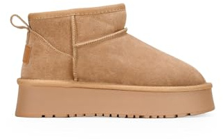 BOSANOVA Botines de Invierno confeccionados en Serraje Piel con caña Baja de 8 cm, Detalle de Logo, Forro de Pelo y Suela de Plataforma de 4.5 cm. Sin Cierre. Calzado para Mujer