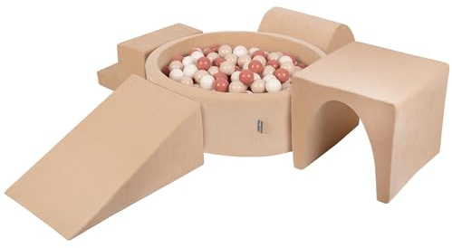 KiddyMoon Spielplatz Velvet Aus Schaumstoff Mit Samt Rund Bällebad (200 Bälle) Ballgruben Für Babys Spielbad Hindernisläufen, Sandbeige:Pastellbeige/Lachsfarben/Weiß