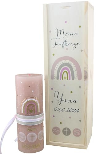Cerziies® SET Taufkerze Rustik und Kerzenbox YUNA Junge oder Mädchen mit Name und Datum, individuell und handverziert 2501