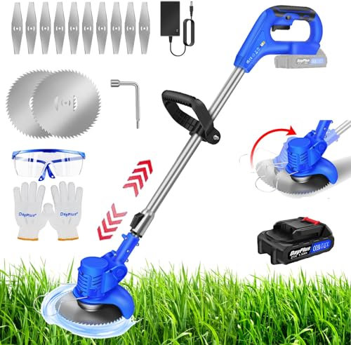 21V Metal Blade Grass Trimmer Cordless Garden Strimmer Electric Weed Remover Garden Tools, Lightweight Lawn Mower, Telescopic Electric Lawn Edger Weed Wacker with 2 Cutting Type Blades & 1.5Ah Battery