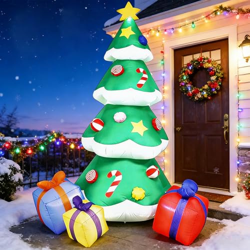 DXIA Aufblasbarer Weihnachtsbaum mit 3 Geschenk-Boxen, Weihnachtsbaum mit Beleuchtung, Selbstaufblasbare Weihnachtsdekoration den Außenbereich für Hof, Garten, Rasen und Quadratisch