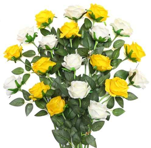 JUSTOYOU 20 PCS Rose Artificial Flower,Double Colour Silk Blooming Rose with Stem,Artificial Rose Bouquet Realistic Flower for Home Table Office Party Wedding Garden Arrangements(yellow and white)