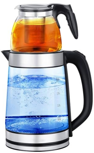 WJWWO Tettle di Vetro di Teiera Elettrica A 2 Strati, 1,8L+0,2 Litri di Teiera di Vetro Turco con Base Rotante A 360 Gradi, Adatta per I tè Russi E Turchi