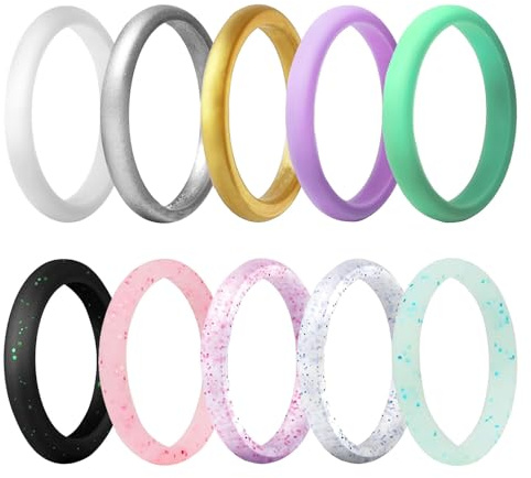 Uwiyo 10 Pack Silicone Wedding Rings for Women, 2.7mm Breathable Designed Silicone Wedding Ring Rubber Band Ring Thin Wedding Bands, Colorful, Comfortable fit, Skin Safe (Mix Color, 7)