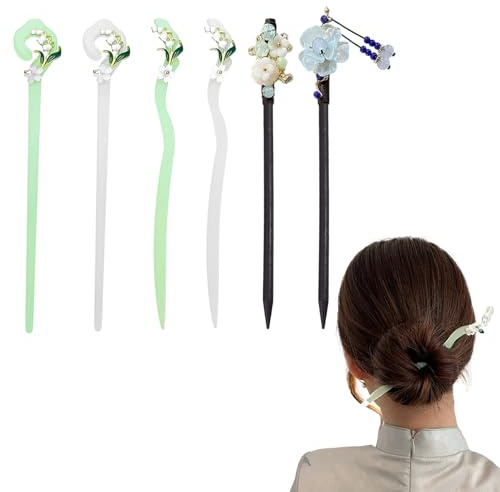 6PCS Chinese Hair Pin, Chinese Accessories, Flower Pins for Thick Long Hair, Vintage Hair Stick Pin, with Flower Bead Pendants for Women Girls Styling