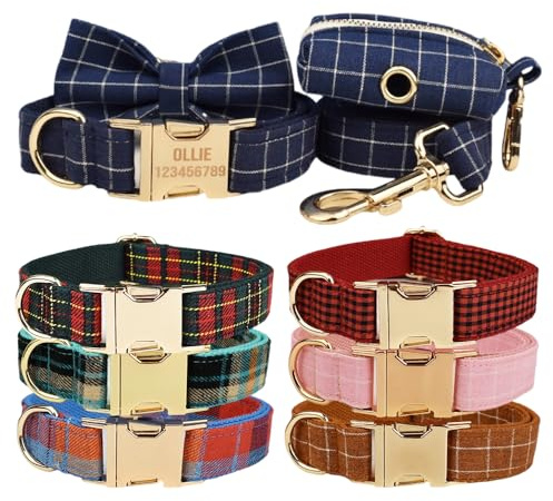 Hundehalsband mit individuellem Namensschild, verstellbares Polyester-Samt, Welpenhalsband, graviert, Haustier-ID, weich, langlebig, Halsband für kleine, mittelgroße Hunde, optionale passende Leine