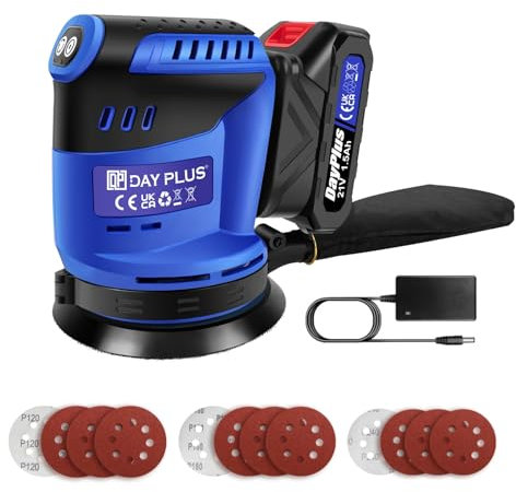 Levigatrice Elettrica Orbitale 5 Pollici (125mm) a Batteria - 3 Velocità (7000-11000 OPM), Raccolta Polvere,1 batteria,1 caricatore,12 Carte Abrasive - Per Falegnameria,Auto e Fai da Te