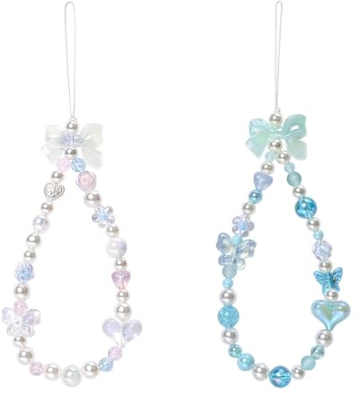Reownest 2 PCS Phone Charm Bracelet, Cute Beaded Lanyard Strap with Butterfly Bow Heart Pearls, Aesthetic Chain Keychain Wrist Straps for Teen Girls & Women