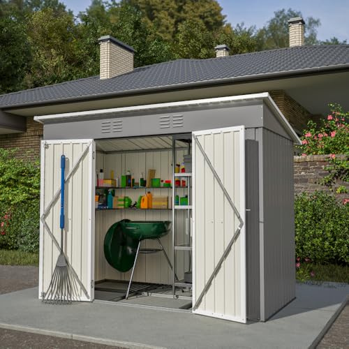 Hommdiy Gerätehaus 8x4 FT Metall Gartenhaus Inkl. Metallfundament (ohne Boden), wetterfest Gartenschuppen für Outdoor Garten Terrasse (Gray)