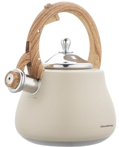 Klausberg Moderne Wasserkessel Induktion Pfeifkessel aus Edelstahl, Teekessel für alle Kochplatten, Flötenkessel, Wasserkocher für Tee Kaffee, ca 2,8L (Beige)