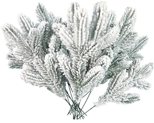 Lawnrden Rami di pino artificiale, 24pcs da 11 pollici fogliame di Natale innevato, steli di vegetazione di Natale in plastica, scelte di alberi fai -da -te | Decorazioni in plastica