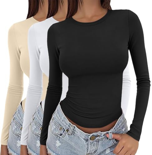 T-shirt ajusté pour femmes, ensemble de 3 hauts à manches longues à col rond, thermiques, extensibles, sous-vêtements superposés, basiques, ajustés, à col rond, couleur unie, polyvalent, esthétique de