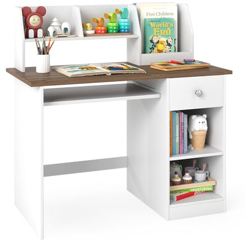 LIFEZEAL Scrivania per Bambini 3+Anni con Cassetto, Libreria, Scomparti, 90x45cm, Scrivania Cameretta Porta PC, Computer, Banco Scuola, Tavolo da Studio, Gioco, Multiattività, in Legno (naturale)