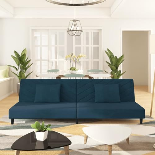 Mandloder Schlafsofa 2-Sitzer Blau Samt, Ausziehbares Loungesofa mit 2 Kissen für Wohnzimmer, Gästezimmer & kleine Räume, Robustes Holzgestell, 200x84,5x69cm