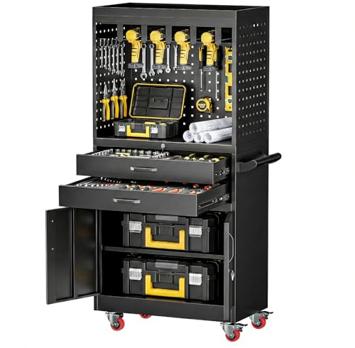 dinwork Professional Mobile Tool Cart with Locking Wheels, Large Storage & Built-in Outlet - Heavy Duty Rolling Workbench for Garage, Workshop, Electric Tool Organization and Moving Jobs