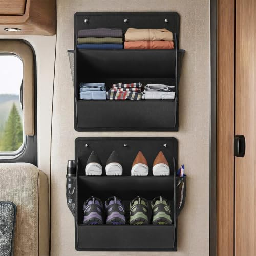 2 Stück Schuhhalter für Wohnmobile mit Klebeband, Platzsparend Tür Aufbewahrung mit Tiefen Taschen Schuhorganizer Hängend Faltbare Aufbewahrungstasche Wohnmobil-Zubehör für Wohnwagen Camping (Schwarz)