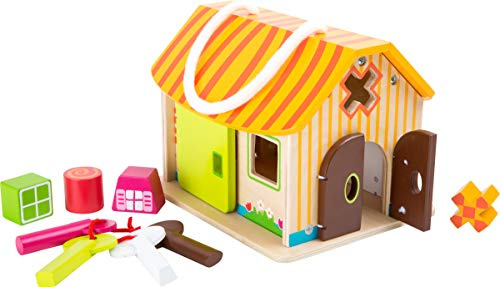 small foot Motorikhaus „Stall“ aus Holz, Motorikspielzeug mit vier Schlüsseln und Steckformen, ab 12 Monaten, 10315