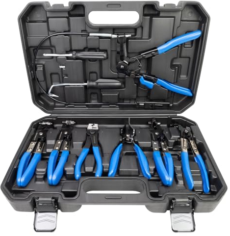 Set di 11 pinze per fascette stringitubo incl. valigetta, set di pinze speciali con cavo Bowden e fascette a molla