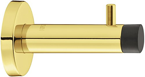 Design Wand-Türpuffer Edelstahl PVD Messing poliert Türstopper mit Garderoben-Haken - H8055 | Tiefe: 90 mm | Gummi-Puffer für Wandmontage | 1 Stück - Wandpuffer mit Kleiderhaken & Befestigungsmaterial